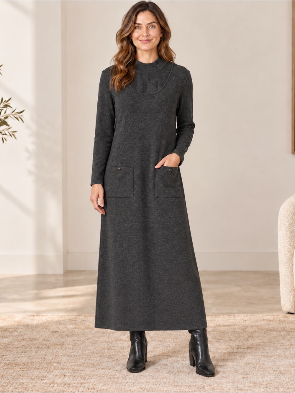 Nina Leonard Charcoal Gray Layered Mock Neck Maxi Sweater Dress Pockets L
